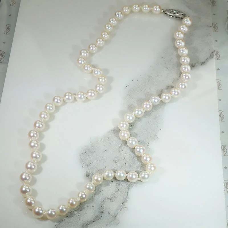 Personalized Birthstone Necklace For Her-Matinee Length Pearl Necklace with Decorative Diamond Clasp