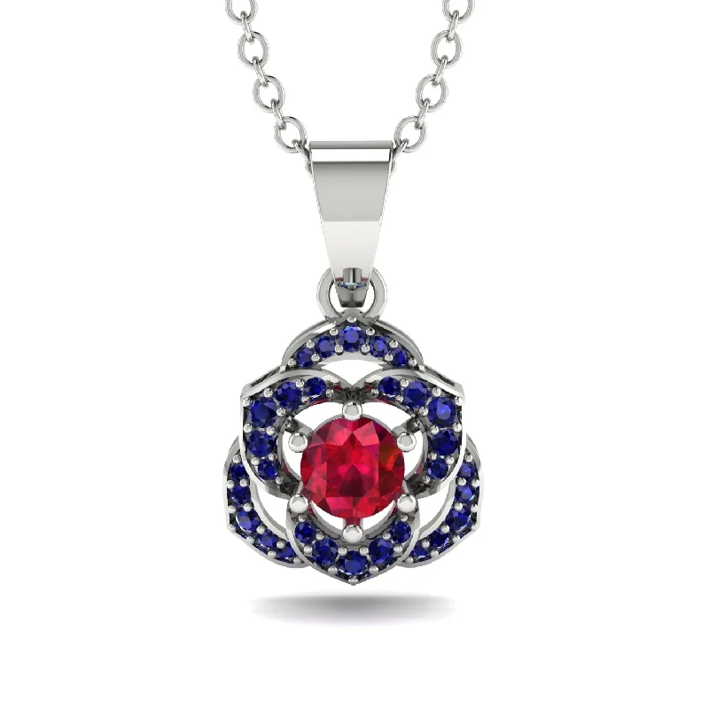 Custom Heart Necklace For Loved Ones-Golden Rose Blossom Necklace With Exquisite Sapphire Detailing - Reign No. 72