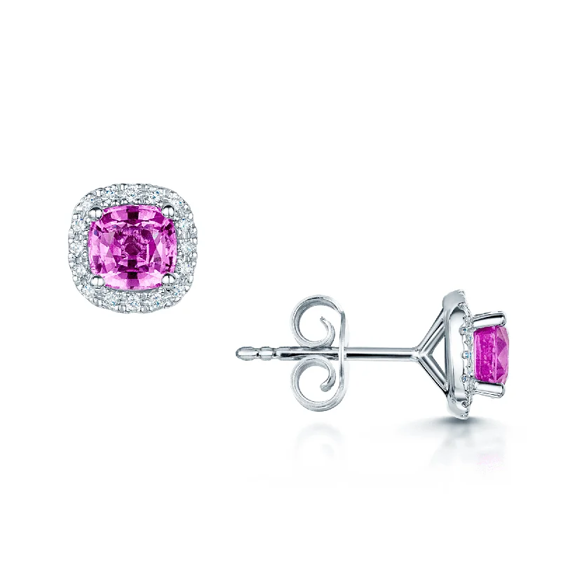 Bridal Earrings For Fashionable Brides-18ct White Gold Cushion Pink Sapphire And Diamond Halo Cluster Stud Earrings