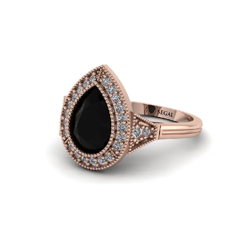 Bohemian Wedding Rings For Brides-Pear Cut Black Diamond Milgrain Halo Engagement Ring - Daleyza No. 8