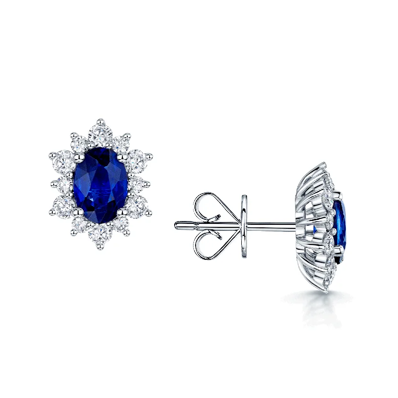 Trendy Earrings For Girls With Fashion-18ct White Gold Oval Blue Sapphire And Round Brilliant Cut Diamond Stud Earrings.