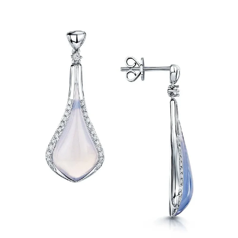 Geometric Hoop Earrings For Modern Look-18ct White Gold Chalcedony Pear Shape Cabochon Drop Earrings