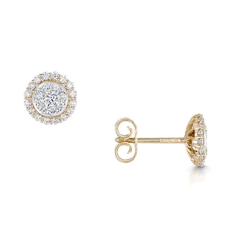 Lightweight Bohemian Earrings-18ct Yellow Gold Round Brilliant Cut Diamond Cluster Earrings