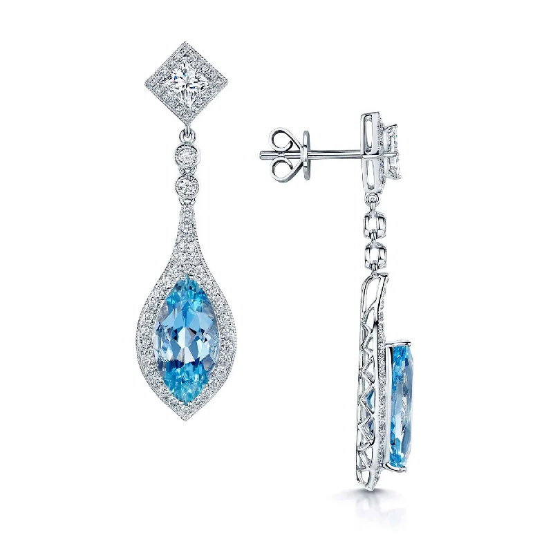 Chunky Earrings For Bold Fashion-18ct White Gold Marquise Aquamarine And Diamond Stud Drop Earrings With A Grain Setting