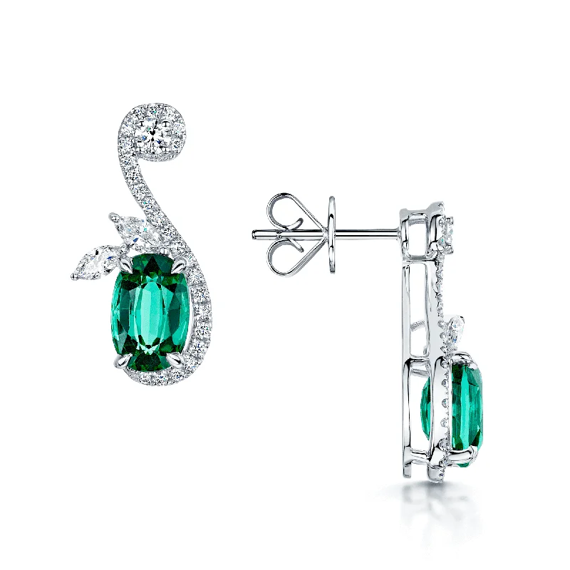 Long Hanging Earrings For Glamorous Look-18ct White Gold Green Tourmaline And Diamond Fancy Drop Earrings