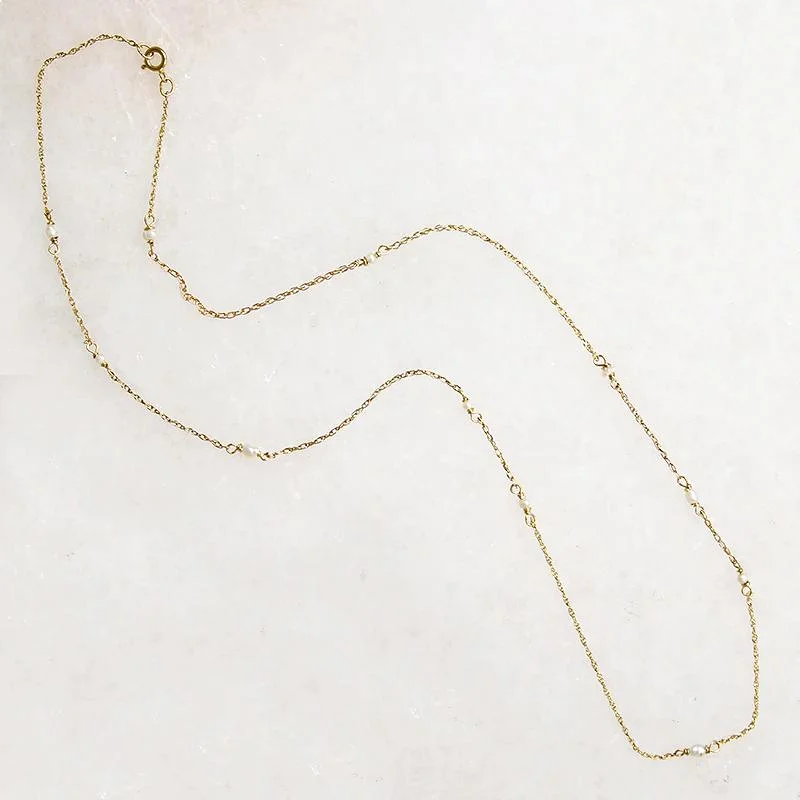 Simple Gold Bar Necklace For Everyday Style-Tiny Pearl Stations Gold Necklace by brunet