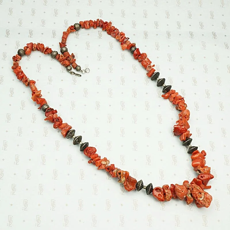 Boho Chic Necklace For Festivals-Antique Coral and Silver Navajo Bead Necklace