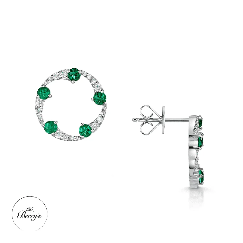 Beautiful Gold Drop Earrings For Brides-OPEIA Collection 18ct White Gold Emerald And Diamond Fancy Circle Stud Earrings