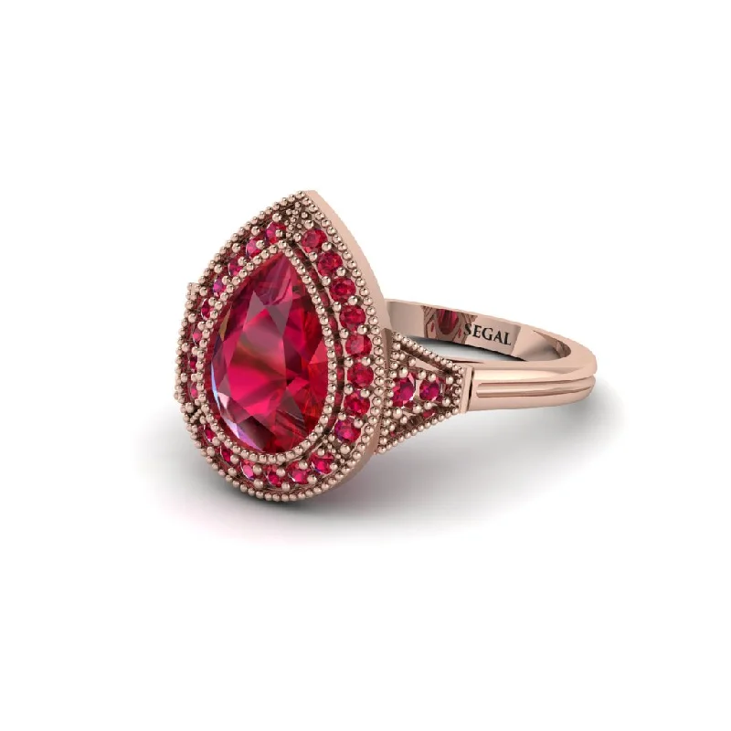 Sparkling Wedding Rings With Diamonds-Pear Cut Ruby Milgrain Halo Engagement Ring - Daleyza No. 56