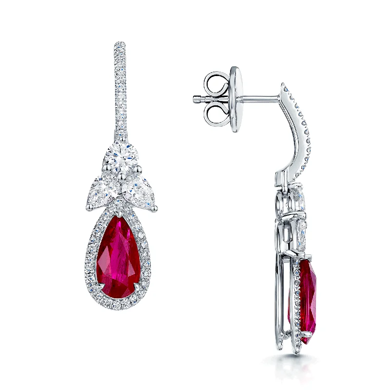 Custom Gold Earrings With Initials-18ct White Gold GIA Certificated Ruby And Diamond Fancy Halo Drop Earrings