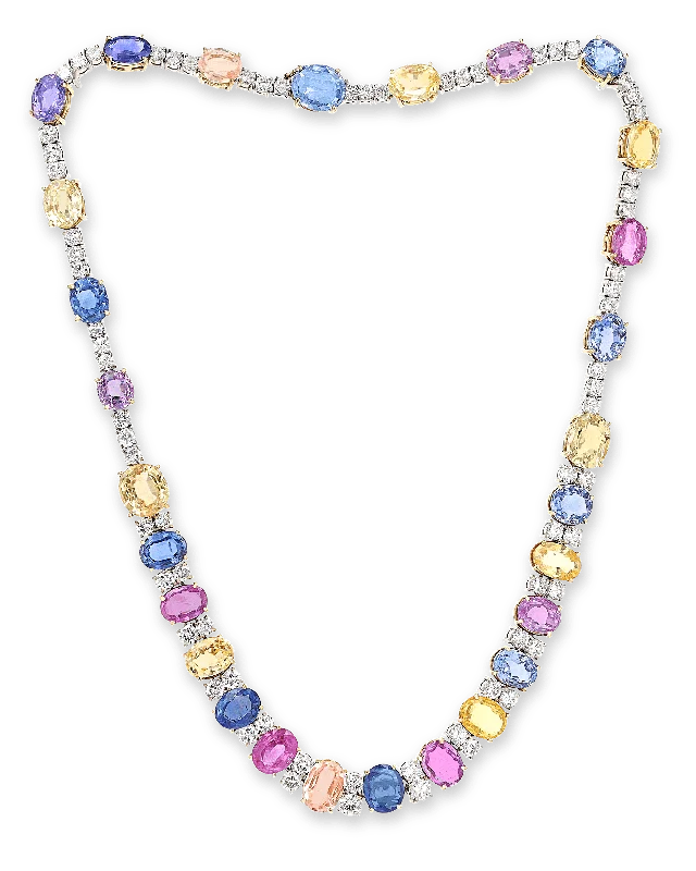 Elegant Necklace With Emerald For Special Events-Multi-Color Sapphire Necklace, 85.00 Carats