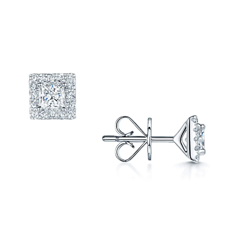 Silver Stud Earrings For Casual Look-18ct White Gold Princess Cut Solitaire Stud Earrings With Diamond Halo Surround