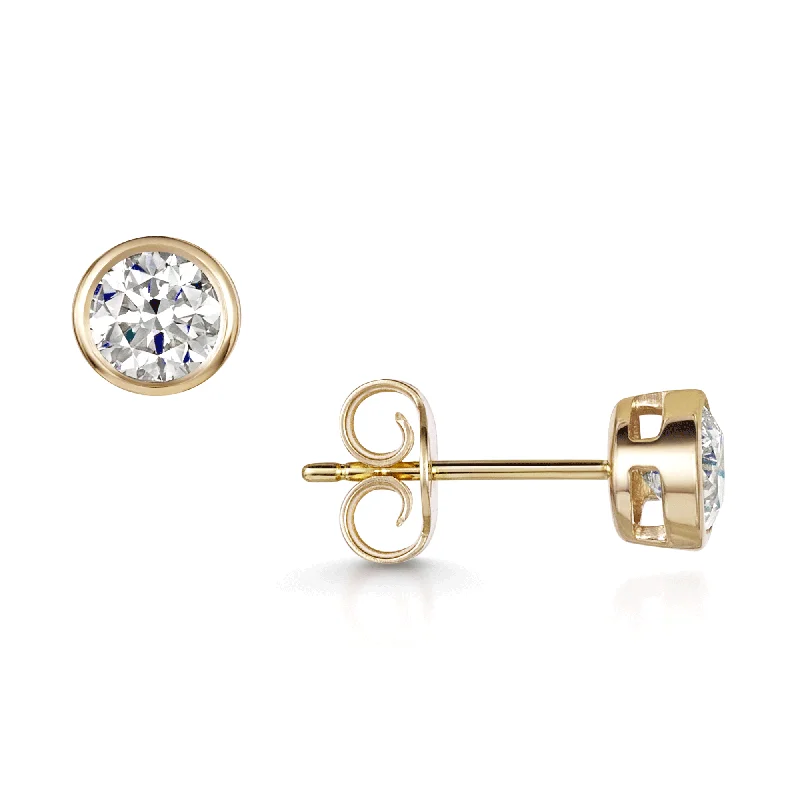 Silver Drop Earrings For Wedding Guests-18ct Yellow Gold Round Brilliant Cut Diamond Rub Over Set Stud Earrings