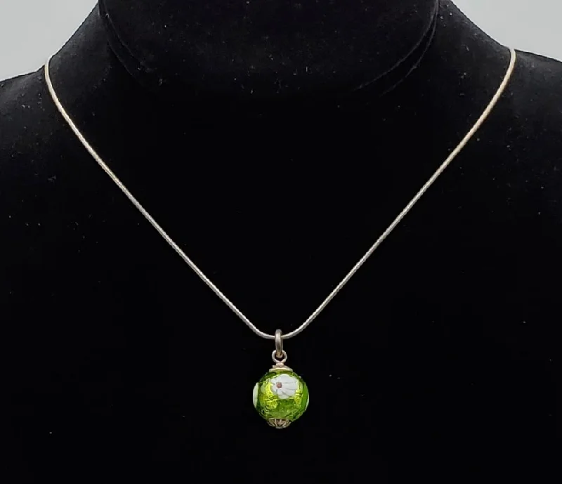 Custom Infinity Necklace For Couples Gifts-Vintage Green Floral Glass Bead Pendant on Italian Sterling Silver Necklace - 18"