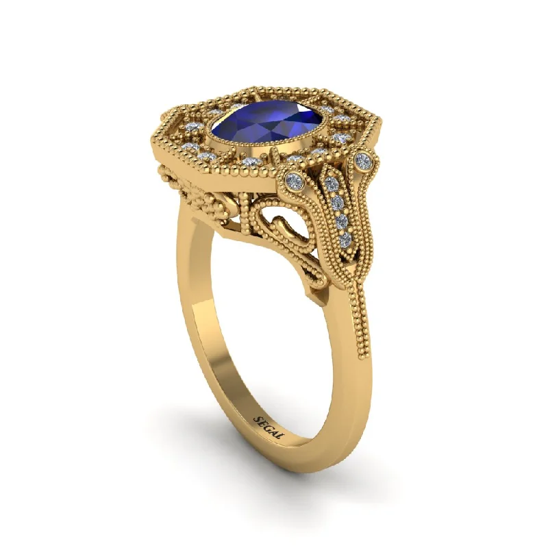 Trendy Engagement Rings With Colored Gemstones-Sapphire Oval Cut Art Deco Engagement Ring - Tabitha No. 13