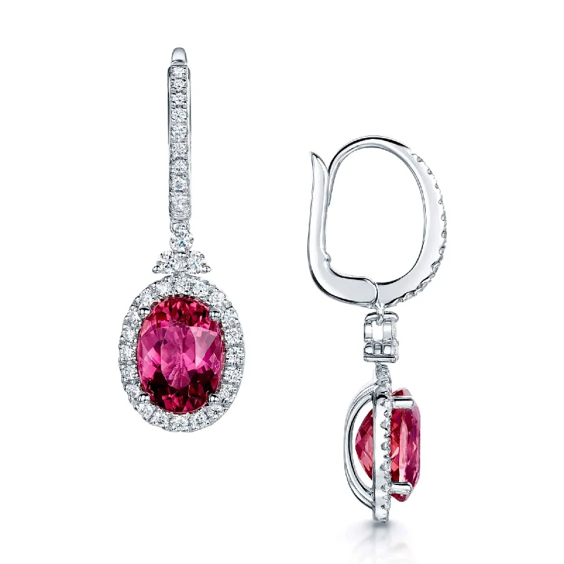 Custom Gold Hoop Earrings-18ct White Gold Oval Cut Pink Tourmaline & Diamond Set Trefoil Drop Earnings