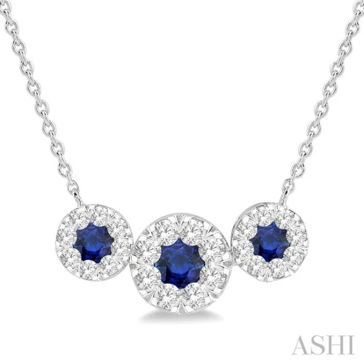 Simple Beaded Necklace For Casual Outfits-5/8 ctw Tri Stone 3.80MM & 3MM Sapphire and Round Cut Diamond Precious Necklace in 14K White Gold