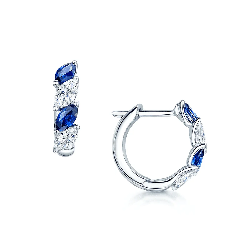 Classic Gold Hoop Earrings-18ct White Gold Marquise Diamond & Sapphire Half Hoop Earrings