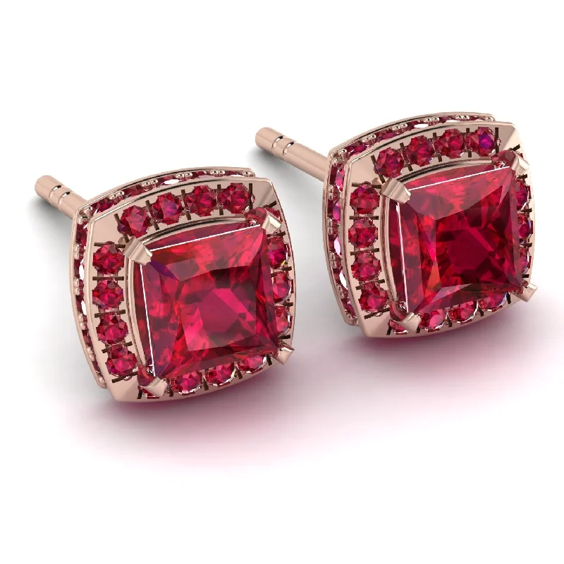 Bridal Earrings For Fashionable Brides-Hidden Halo Princess Ruby Earrings - Georgia No. 56