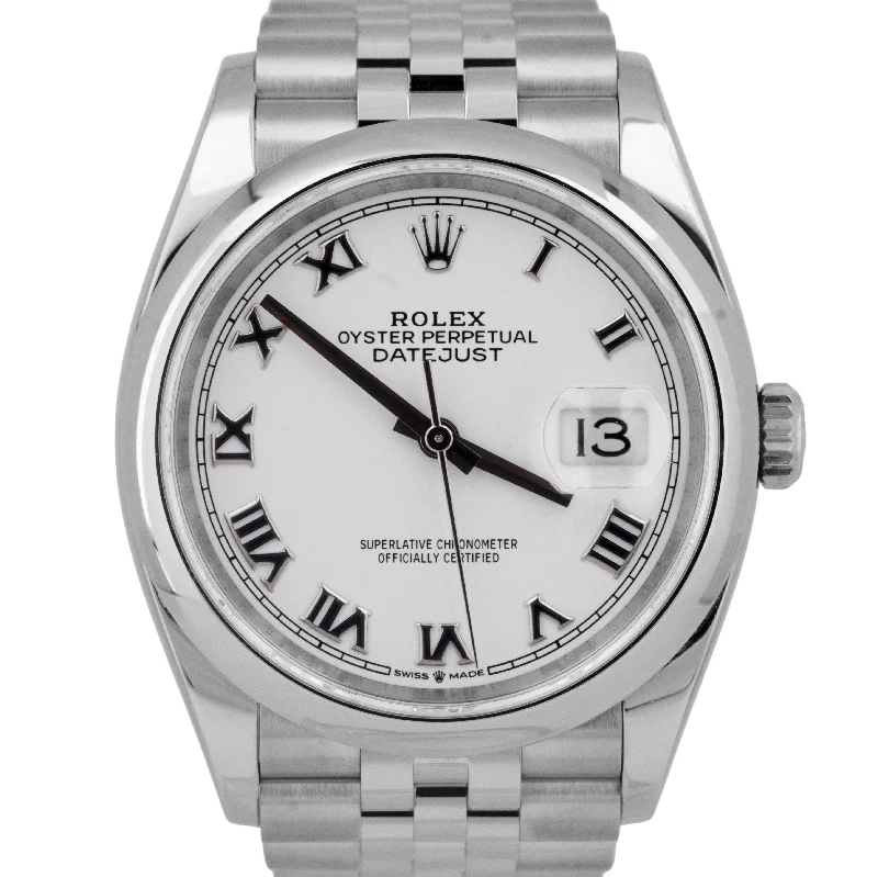 Affordable Watches For Men-MINT PAPERS Rolex DateJust 36mm WHITE ROMAN Stainless Steel Watch 126200 BOX