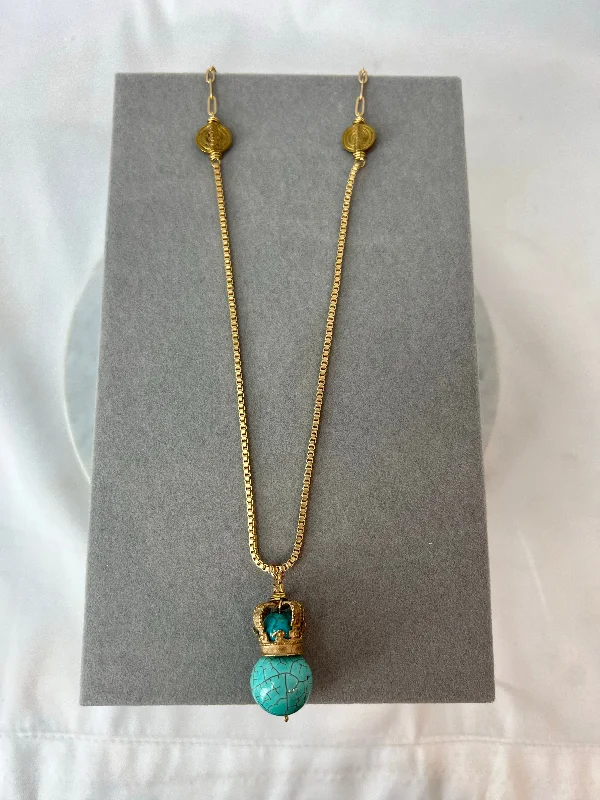 Long Beaded Necklace For Boho Weddings-Necklace - Bronze St. Edward's Crown on Turquoise Box/Paperclip Chain