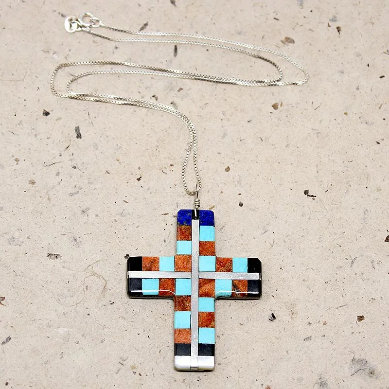 Sparkling Diamond Necklace For Evening-Colorful Inlay Santo Domingo Cross