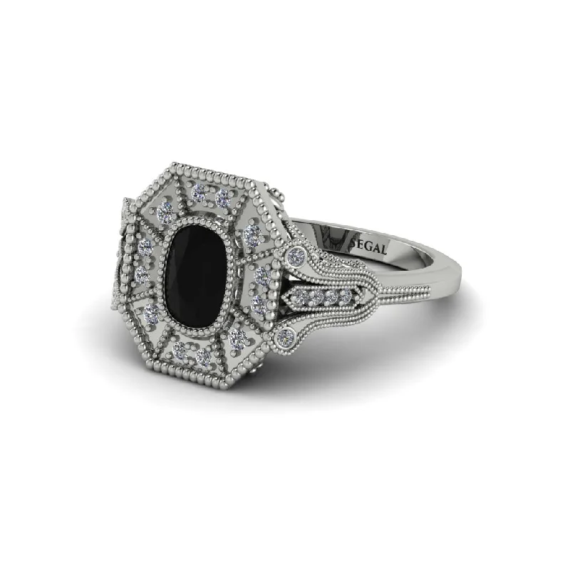 Unique Gemstone Rings For Fashion Lovers-Black Diamond Cushion Cut Art Deco Engagement Ring - Alicia No. 9