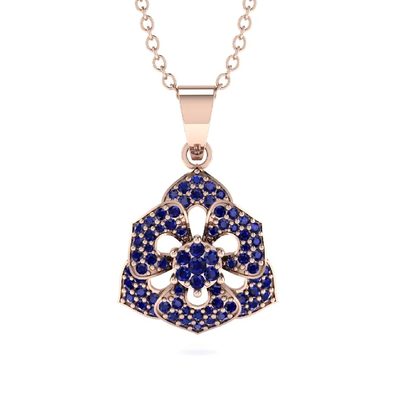 Large Chunky Necklace For Bold Look-Gilded Rose Pendant Necklace With Dazzling Sapphire - Lori No. 14