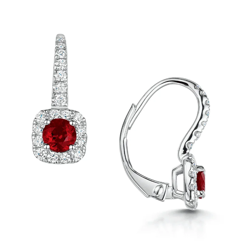 Crystal Drop Earrings For Brides-18ct White Gold Round Brilliant Cut Ruby And Diamond Halo Fancy Hoop Earrings