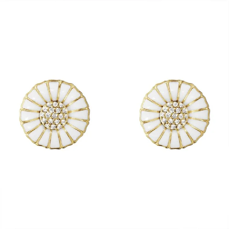 Modern Geometric Earrings-Daisy 18ct Yellow Gold Plated Silver And White Enamel Diamond Pave Set Stud Earrings