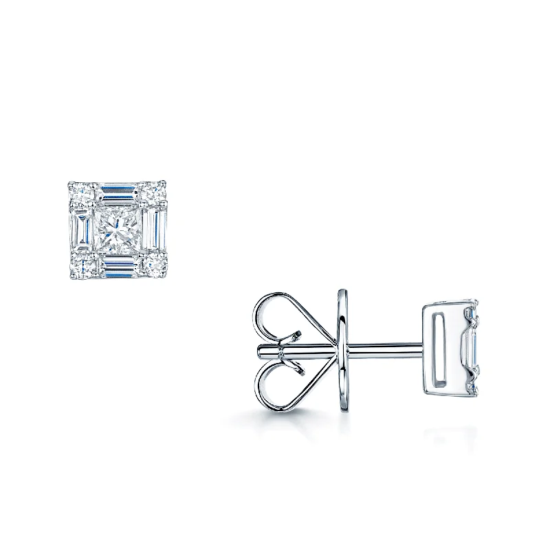 Minimalist Earrings For Chic Style-18ct White Gold Mixed Cut Diamond Square Shaped Stud Earrings