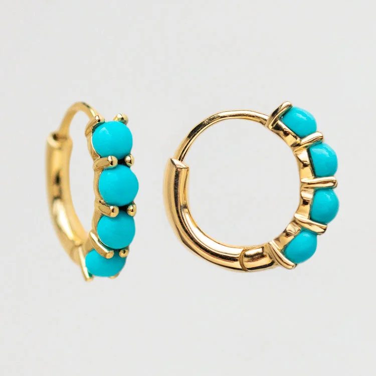 Bold Statement Earrings For Everyday-Solid Gold Turquoise Huggie Hoops