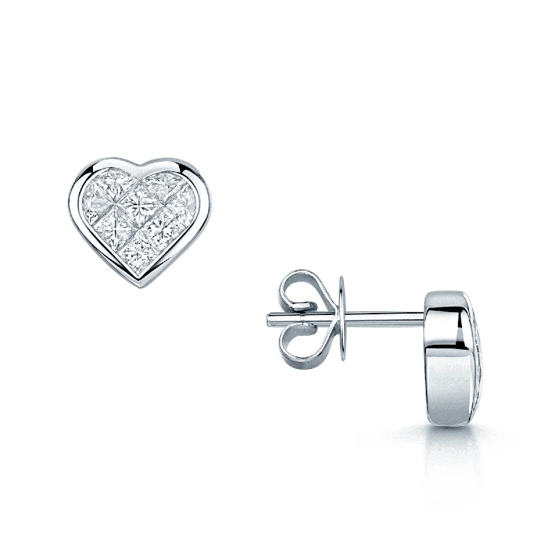 Boho Earrings For Free-Spirited Look-18ct White Gold Princess Cut Diamond Heart Shape Invisible Set Stud Earrings With Rub Over Edge