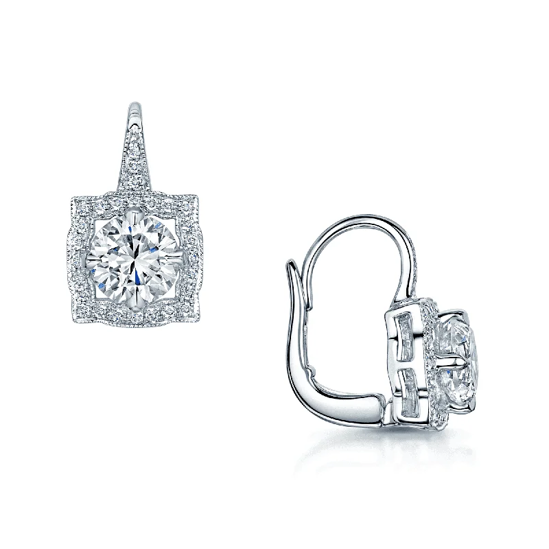 Dainty Earrings For Gift Giving-18ct White Gold Round Brilliant Cut Diamond Drop Earrings With A Vintage Diamond Surround