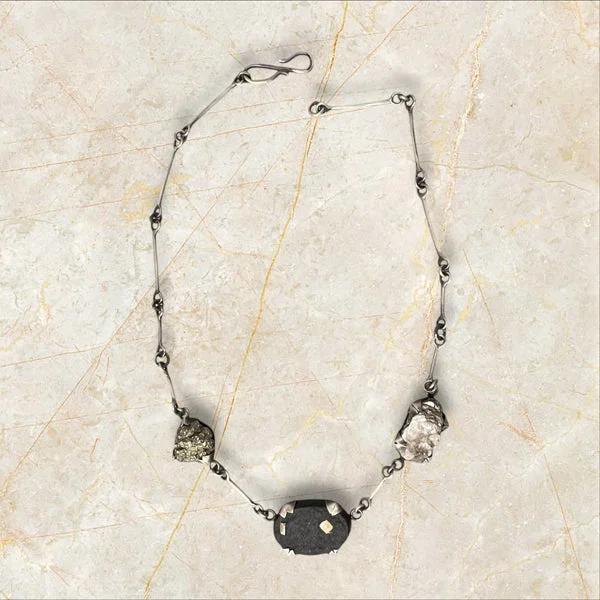 Trendy Silver Necklace For Office Look-Prong Set Necklace with  handmade chain.  Mica, Schist with pyrite and pyrite